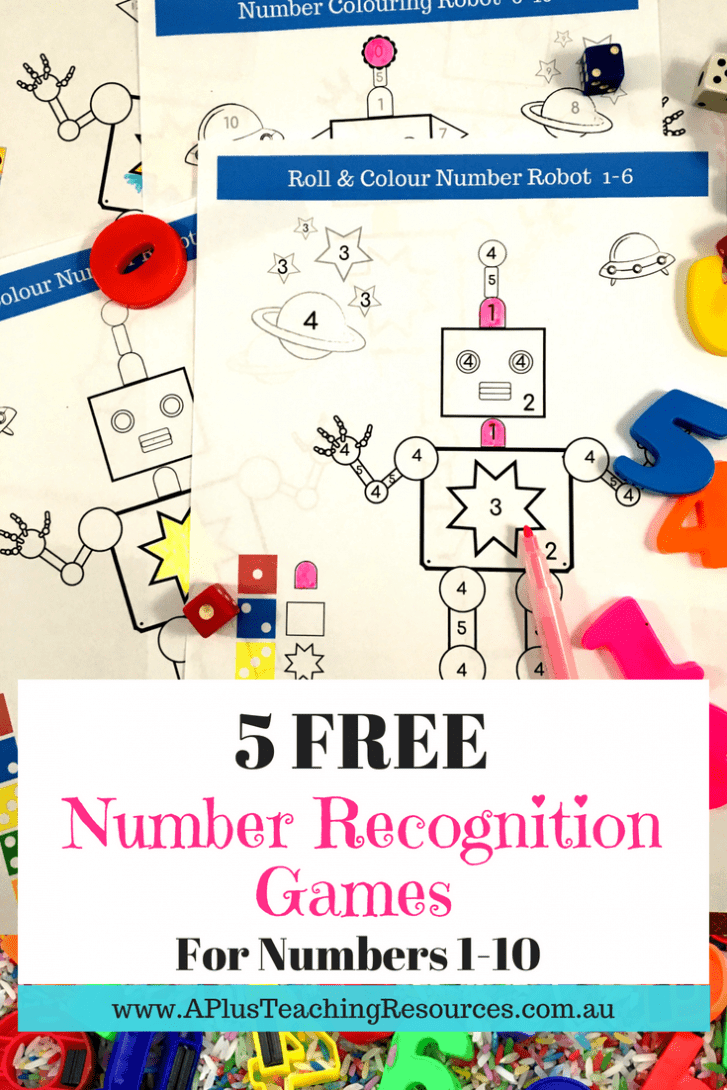 Number Colouring Math Game For Kids. Your kids will love this Robot math game for teaching number recognition. Use it in your math rotations for independent work or play as a game in pairs. Students will learn number s, number names and subitise when they Roll the dice and colour the matching number! There are 5 FREE Templates... Get them from our website! #classroomfreebie #teacherfreebie #numberrecognition #subitizing #subitising #dicegamesformath